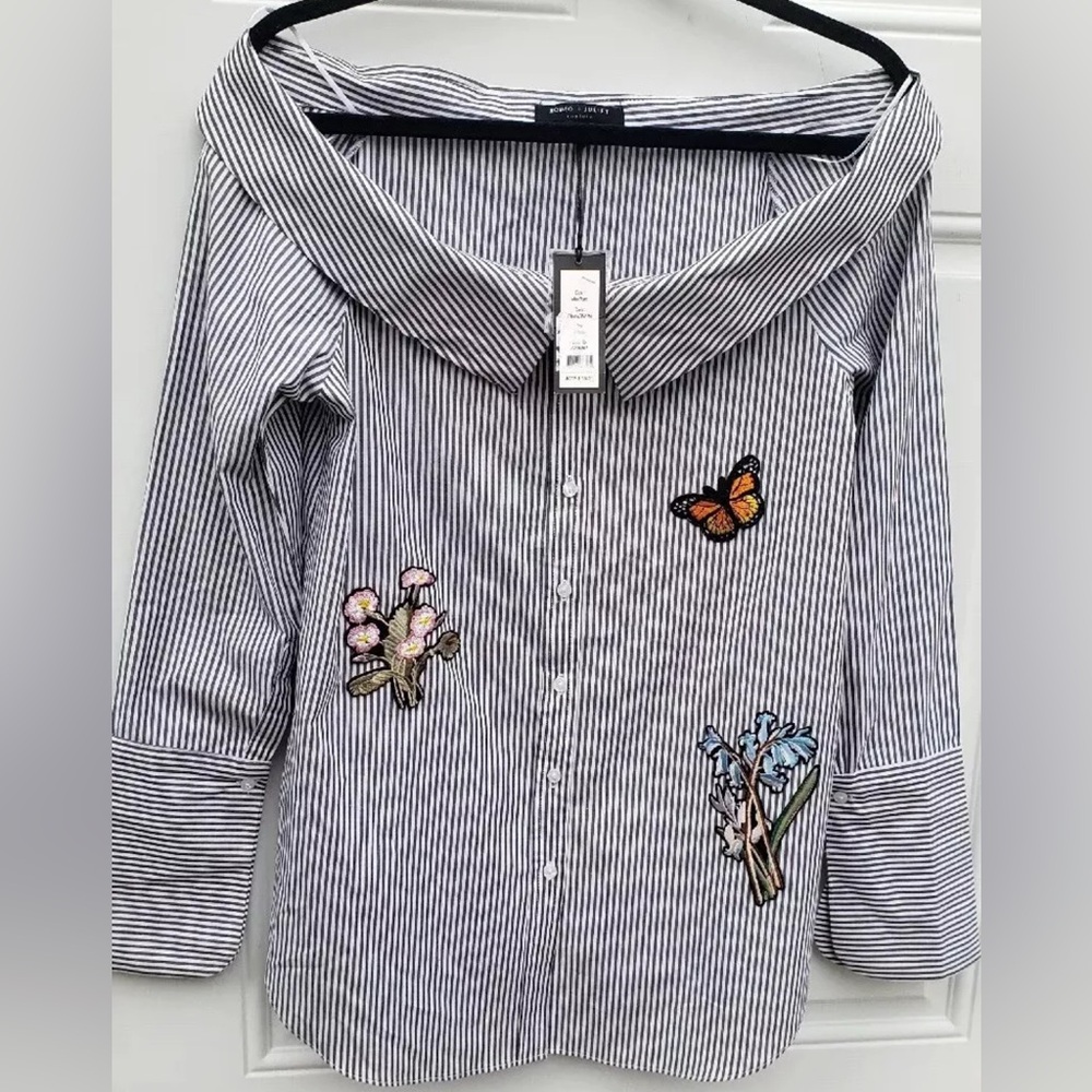 Romeo & Juliet Couture Shirt M Striped Button Down Butterfly Floral Embroidered - Picture 6 of 12